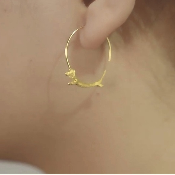 Real 925 Sterling Silver/18k Plated Gold Dachshund Dog Hoop Earrings - Picture 3 of 7